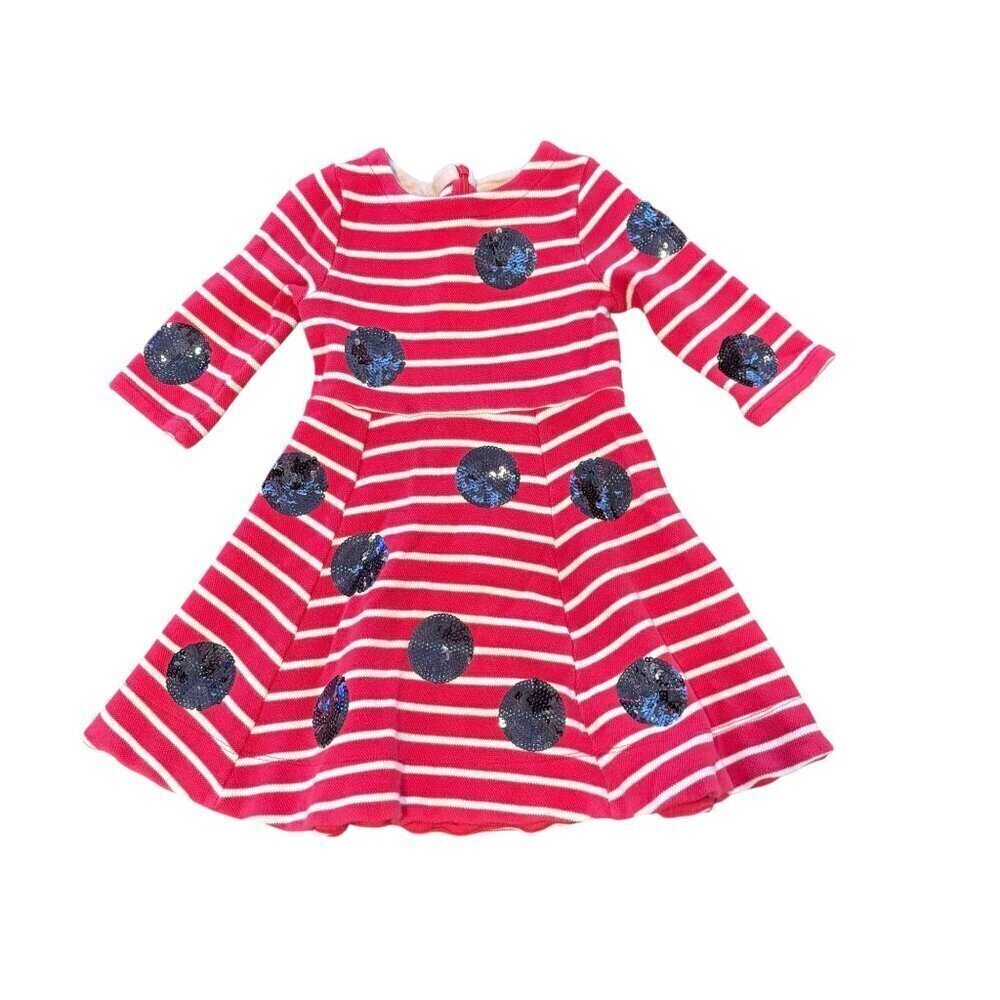 Mini Boden Girls Red White Striped Dress Sequin Polka Dots Long Sleeve 4-5 year